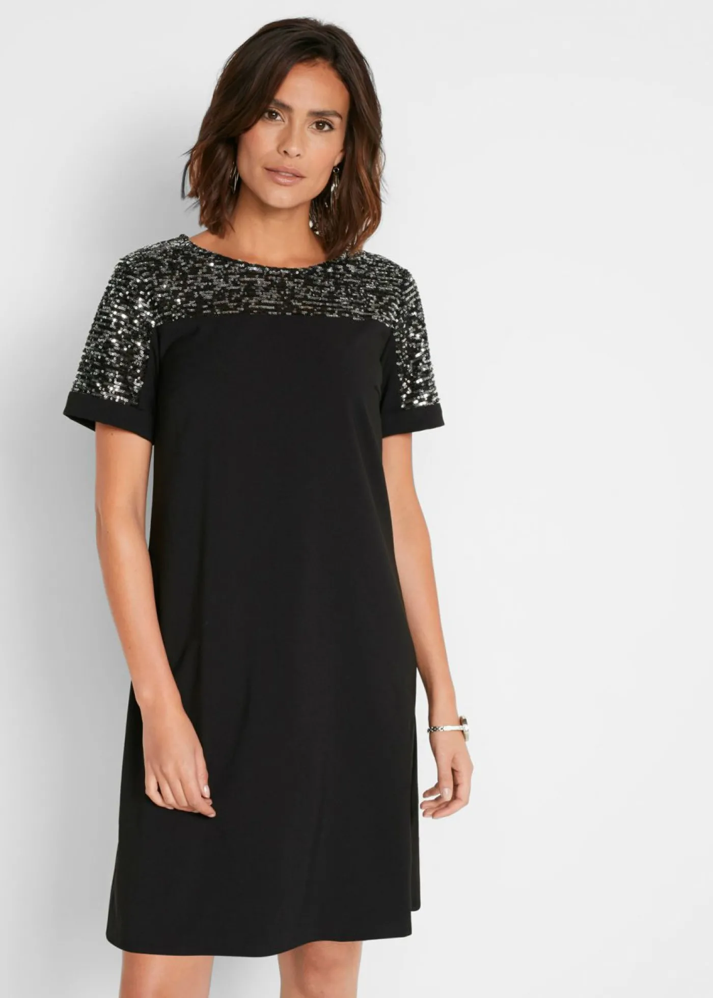 bonprix bonprix Vestido corto con inserto de lentejuelas Negro-plata Outlet