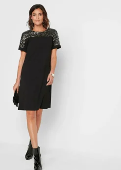 bonprix bonprix Vestido corto con inserto de lentejuelas Negro-plata Outlet