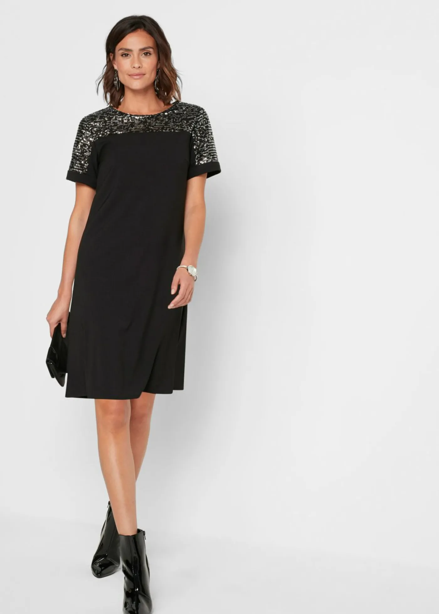 bonprix bonprix Vestido corto con inserto de lentejuelas Negro-plata Outlet