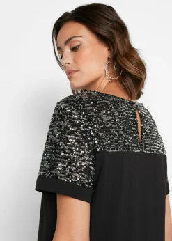 bonprix bonprix Vestido corto con inserto de lentejuelas Negro-plata Outlet