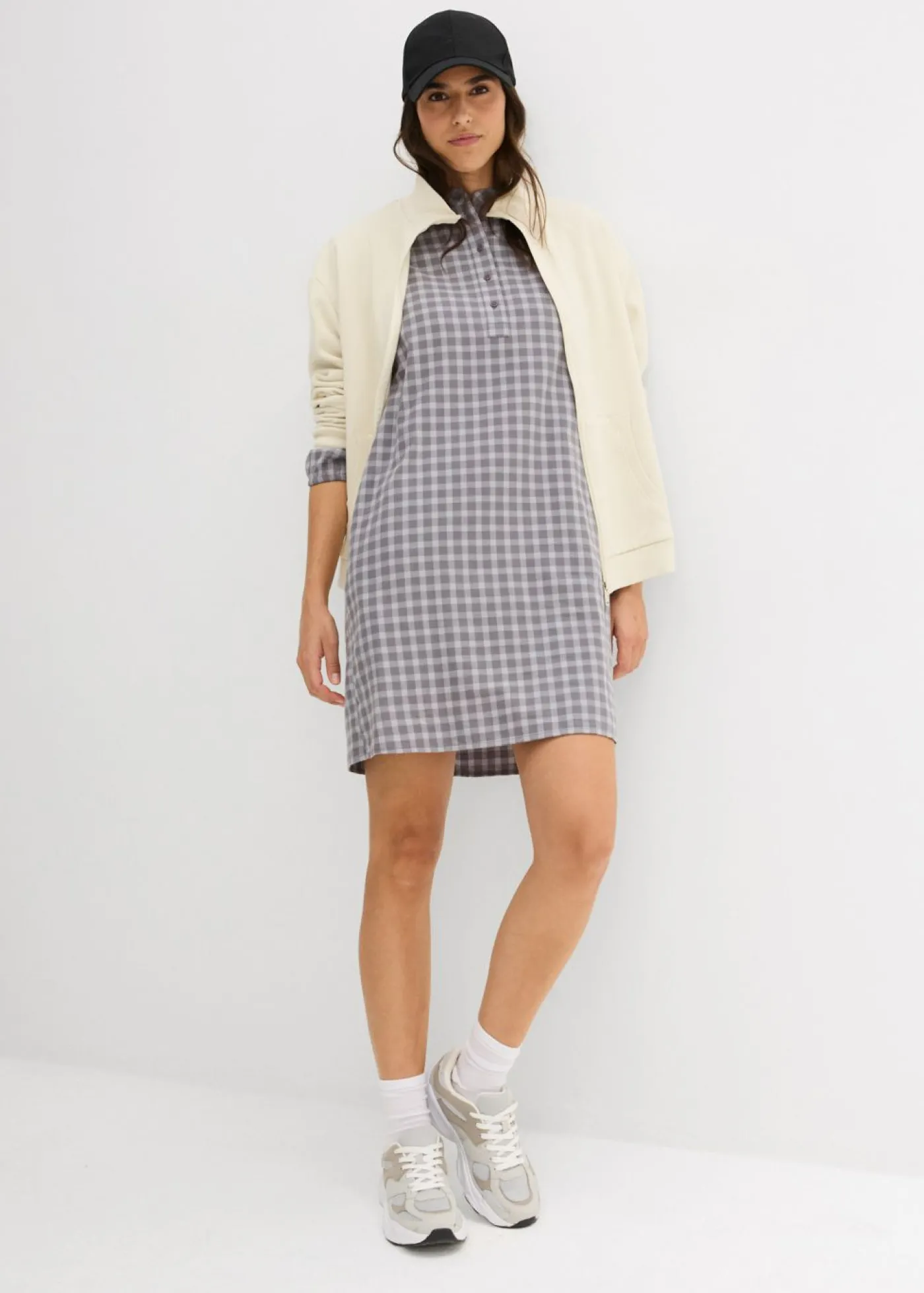 bonprix bonprix Vestido corto de algodón puro gris ahumado-gris sombra a cuadros Sale
