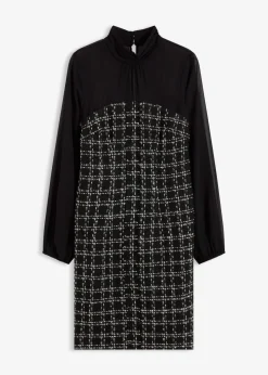 bonprix bonprix Vestido corto de bouclé con mangas de gasa Negro-blanco a cuadros Best