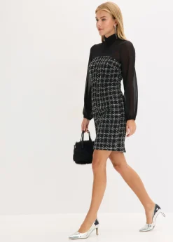 bonprix bonprix Vestido corto de bouclé con mangas de gasa Negro-blanco a cuadros Best