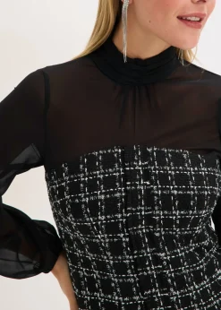 bonprix bonprix Vestido corto de bouclé con mangas de gasa Negro-blanco a cuadros Best
