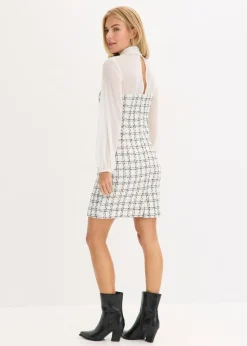 bonprix bonprix Vestido corto de bouclé con mangas de gasa blanco-negro a cuadros Online