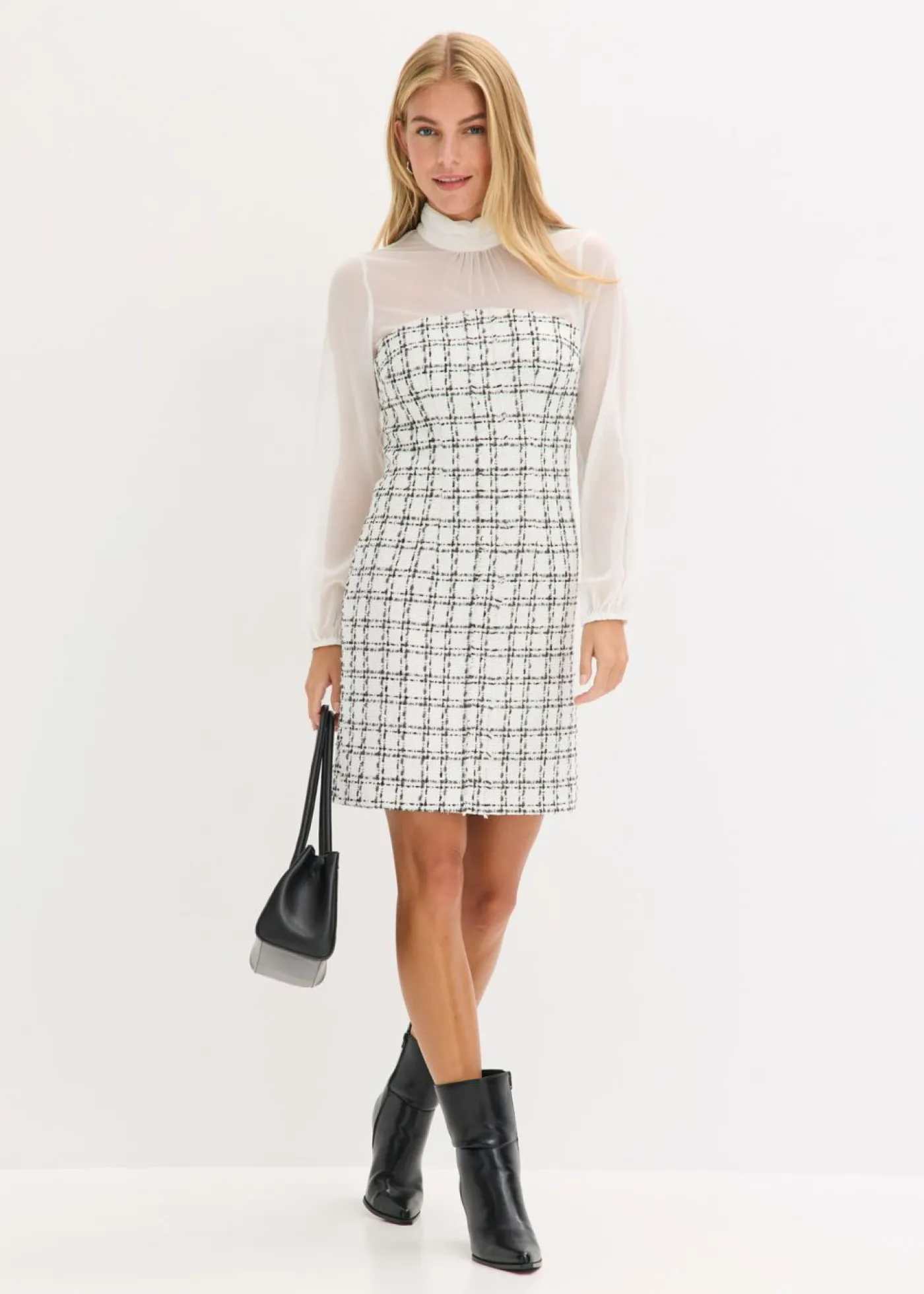 bonprix bonprix Vestido corto de bouclé con mangas de gasa blanco-negro a cuadros Online