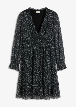 bonprix bonprix Vestido corto de malla fina Negro-blanco de flores Discount