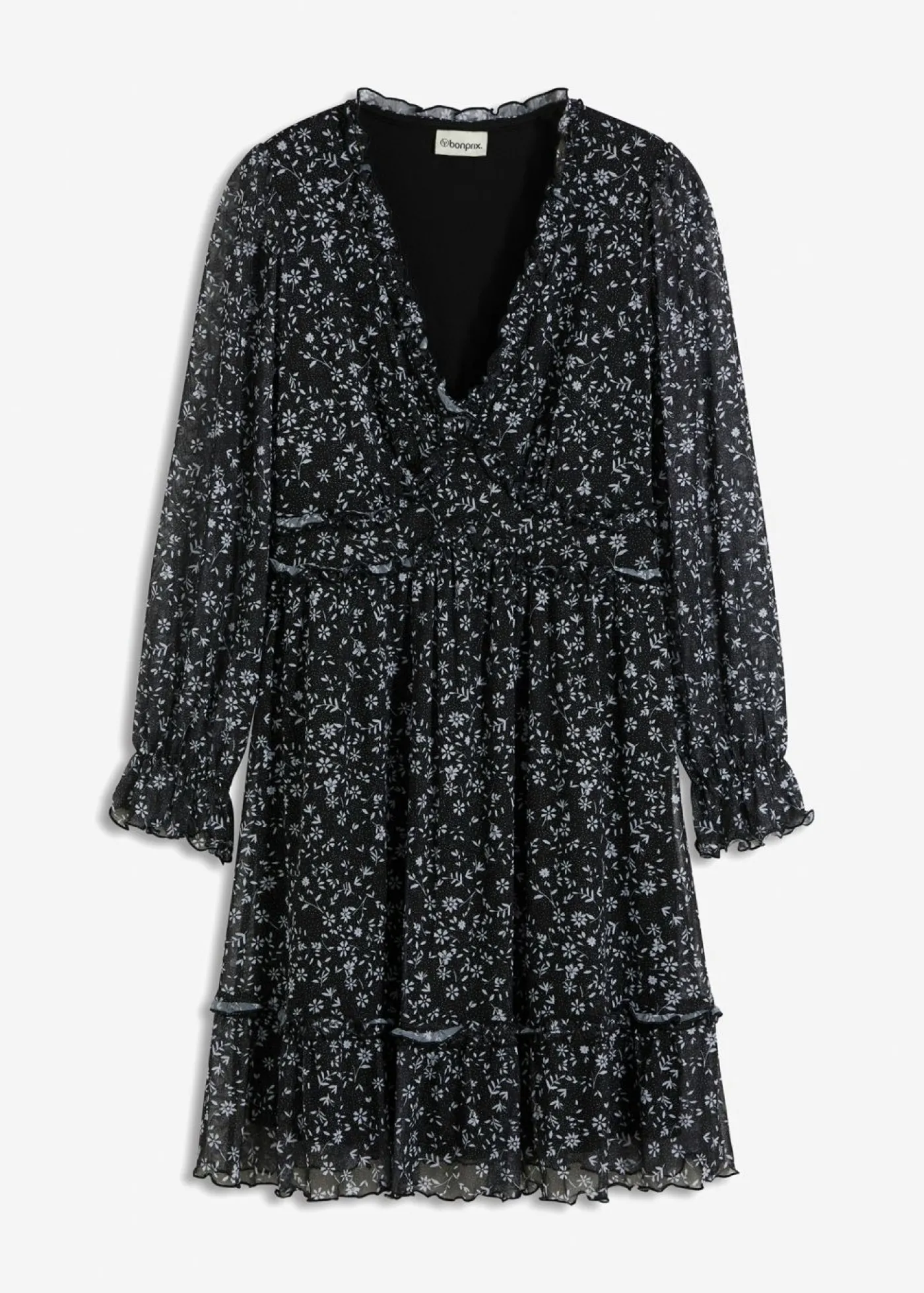 bonprix bonprix Vestido corto de malla fina Negro-blanco de flores Discount