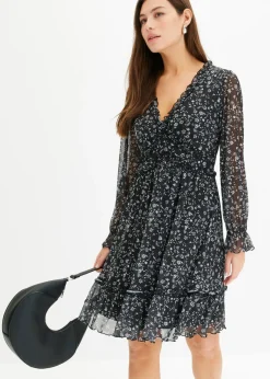 bonprix bonprix Vestido corto de malla fina Negro-blanco de flores Discount