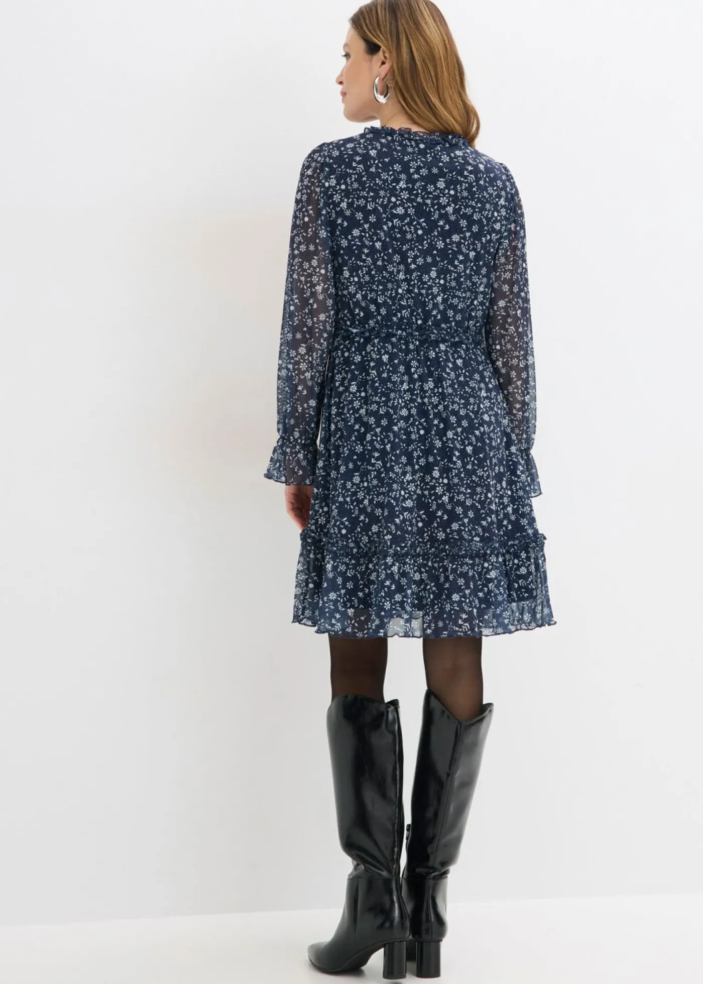 bonprix bonprix Vestido corto de malla fina Azul oscuro-blanco de flores New