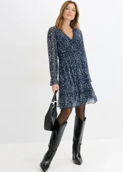 bonprix bonprix Vestido corto de malla fina Azul oscuro-blanco de flores New