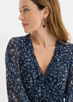 bonprix bonprix Vestido corto de malla fina Azul oscuro-blanco de flores New