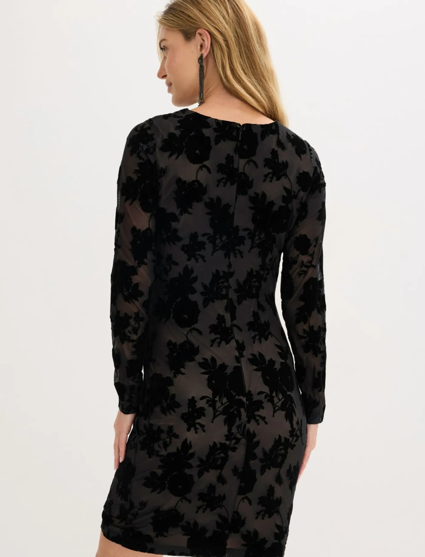 bonprix bonprix Vestido corto de malla fina con estampado flocado Negro-beige de flores Outlet