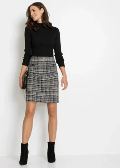 bonprix bonprix Vestido corto de mezcla de viscosa fluida Negro-blanco a cuadros Outlet