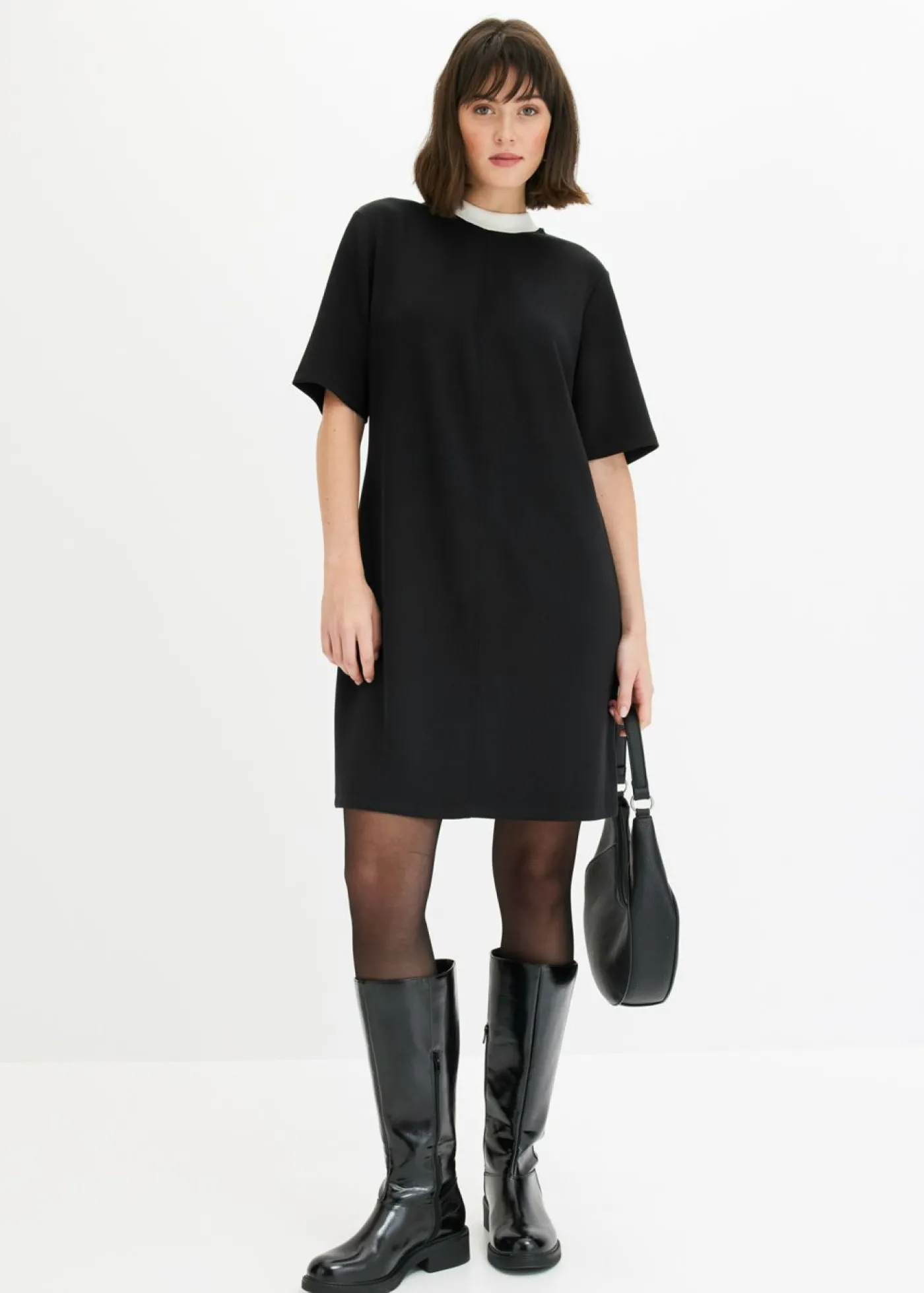 bonprix bonprix Vestido corto de neopreno con cuello alto Negro-blanco lana New
