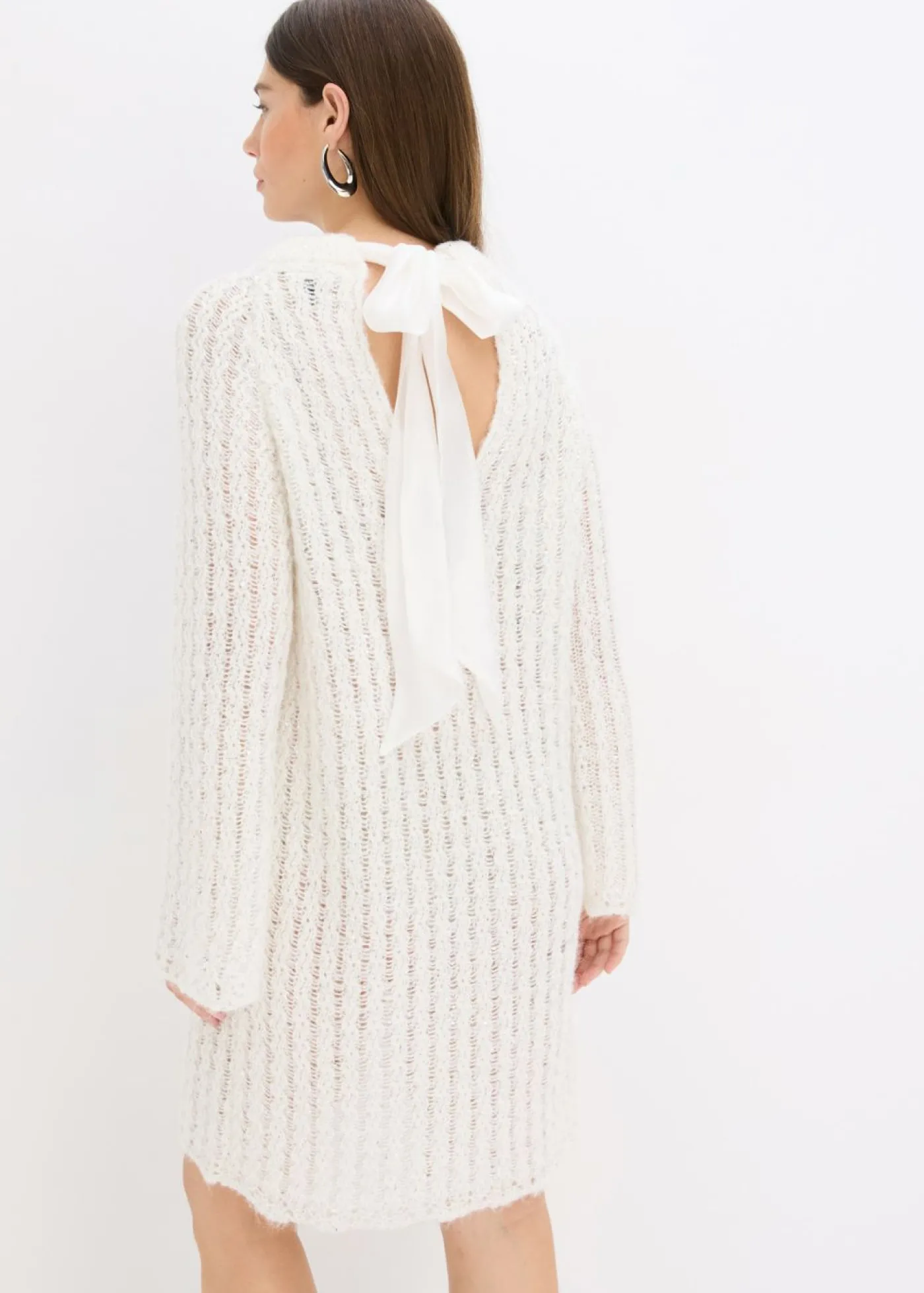 bonprix bonprix Vestido corto de punto con lazo de satén y ligeras transparencias Blanco lana Online