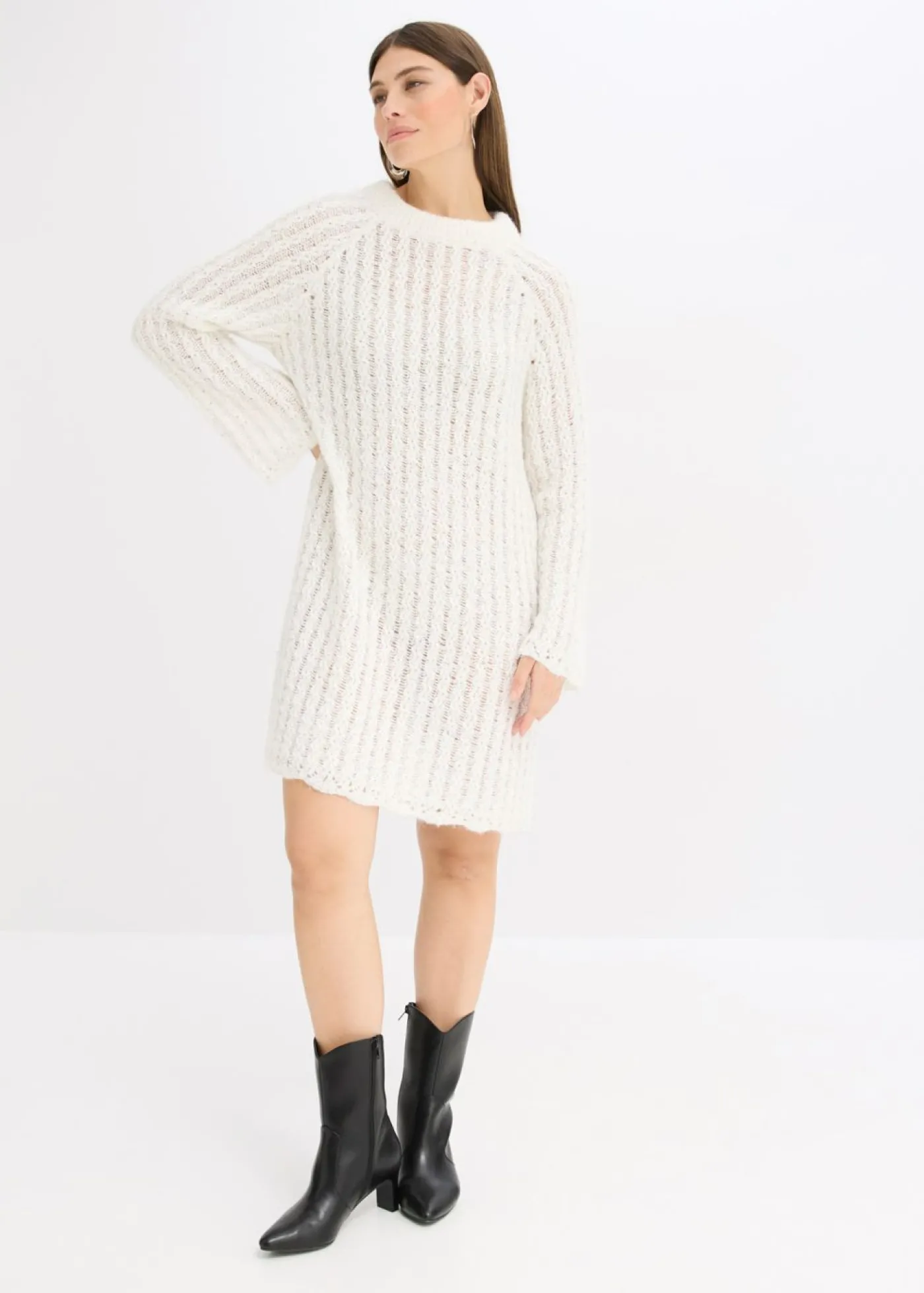 bonprix bonprix Vestido corto de punto con lazo de satén y ligeras transparencias Blanco lana Online