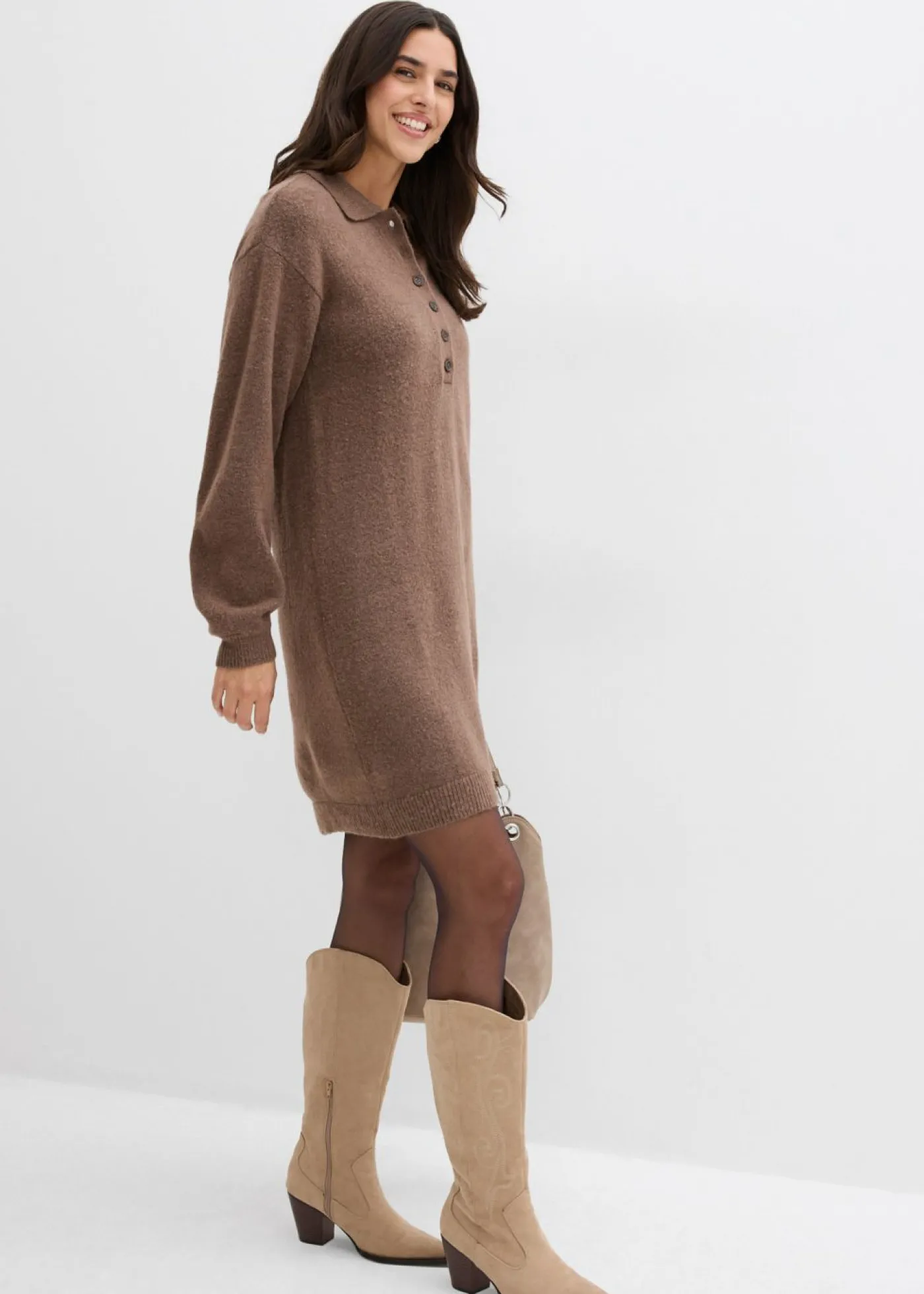 bonprix bonprix Vestido corto de punto con botones marrón arcilla Clearance