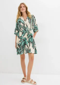 bonprix bonprix Vestido corto de viscosa fluida con mangas tipo kimono crudo-marrón oscuro-azul mentol Outlet