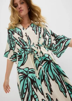 bonprix bonprix Vestido corto de viscosa fluida con mangas tipo kimono crudo-marrón oscuro-azul mentol Outlet