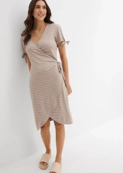 bonprix bonprix Vestido cruzado de mezcla fluida de viscosa y elastano rosa vintage-verde alga con rayas Clearance