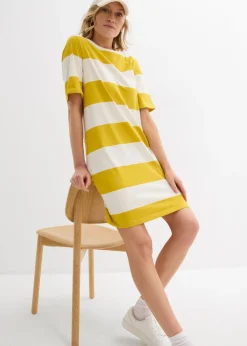 bonprix bonprix Vestido de algodón orgánico puro con corte boxy curry limón-blanco lana con rayas Sale