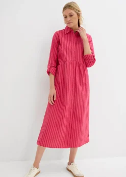 bonprix bonprix Vestido de algodón puro con cuello de camisa rojo tomate -granada-rosa oscuro con rayas New