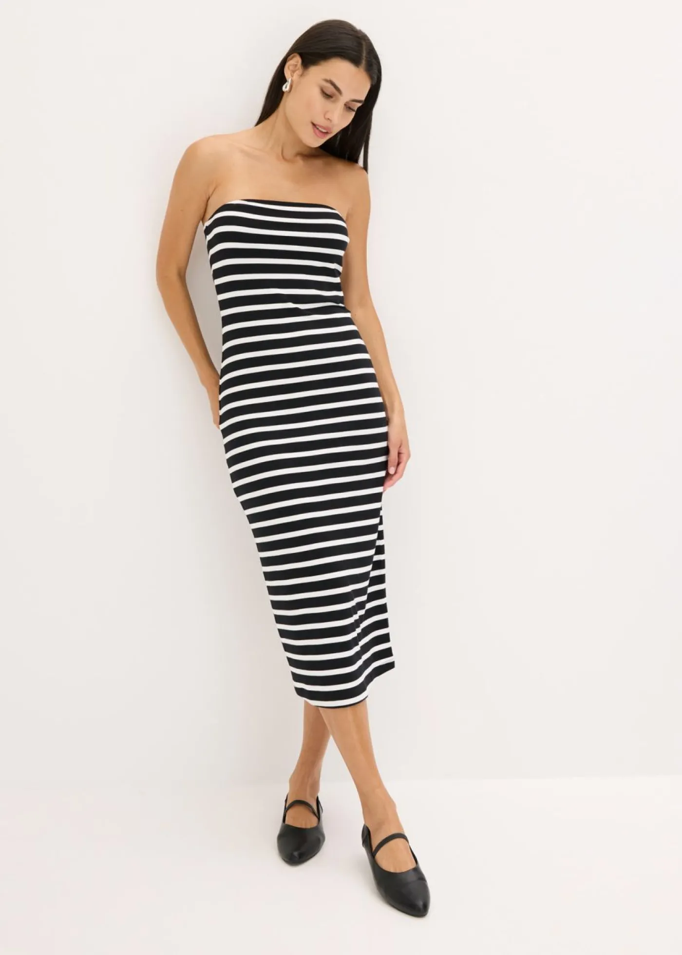 bonprix bonprix Vestido de canalé tipo bandeau Negro-blanco con rayas Discount
