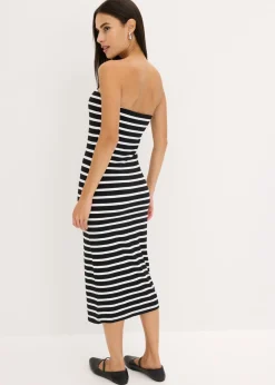 bonprix bonprix Vestido de canalé tipo bandeau Negro-blanco con rayas Discount