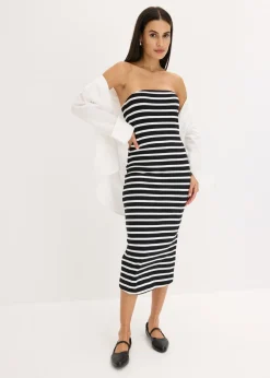 bonprix bonprix Vestido de canalé tipo bandeau Negro-blanco con rayas Discount