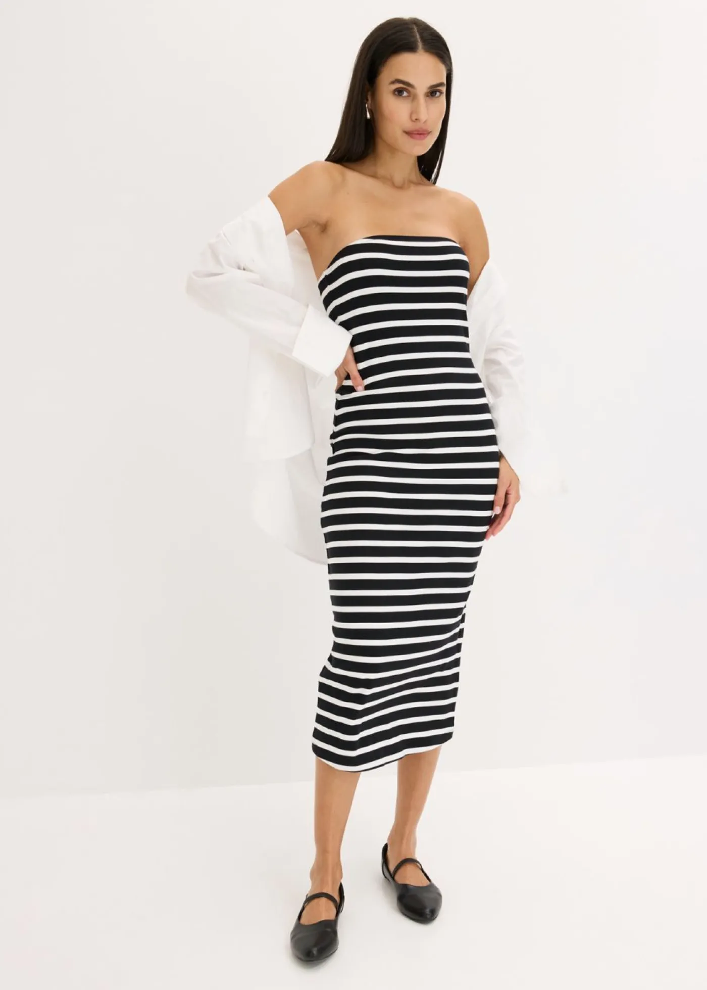 bonprix bonprix Vestido de canalé tipo bandeau Negro-blanco con rayas Discount