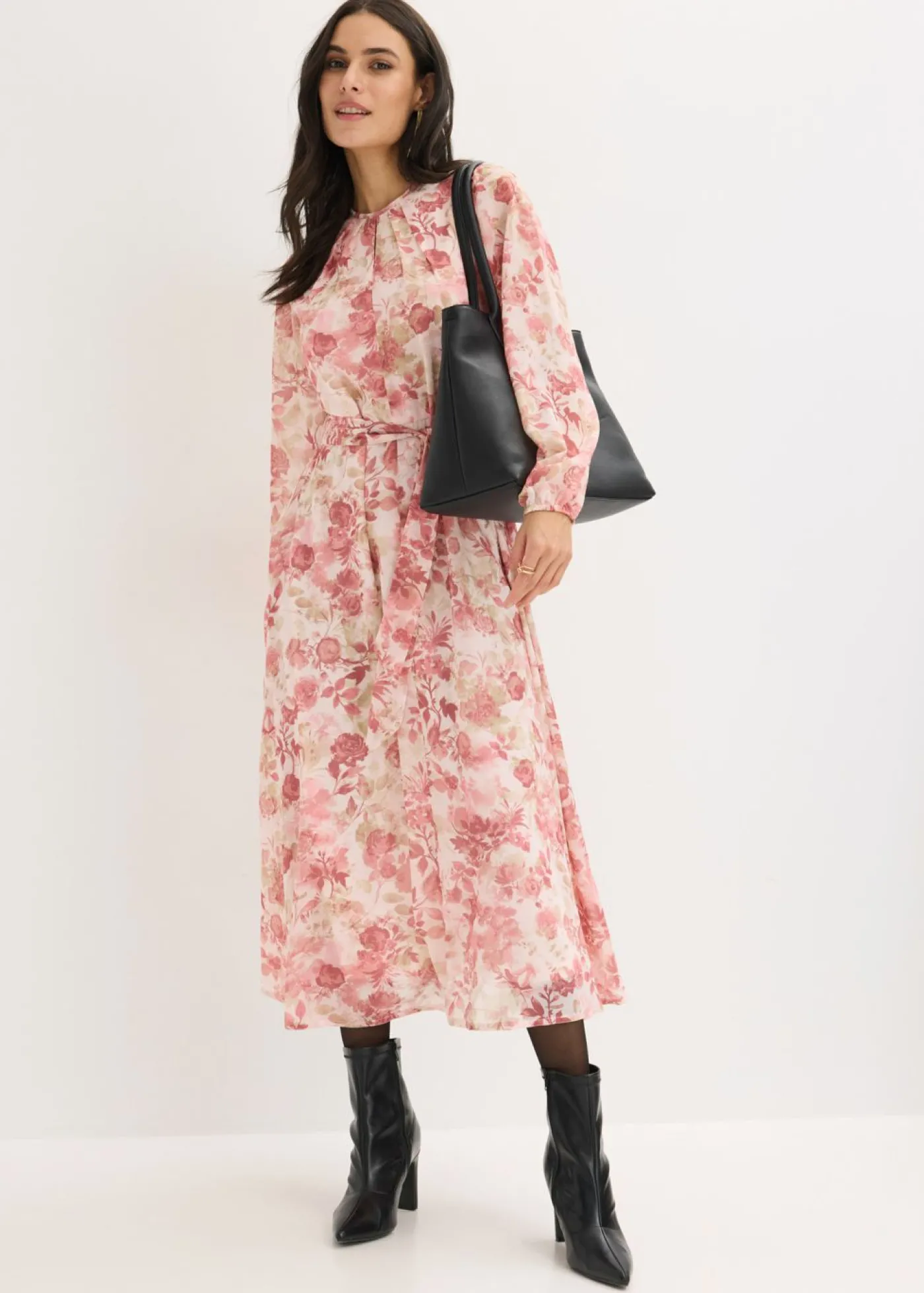 bonprix bonprix Vestido de gasa con cordón (2 piezas) rosa claro con flores Hot