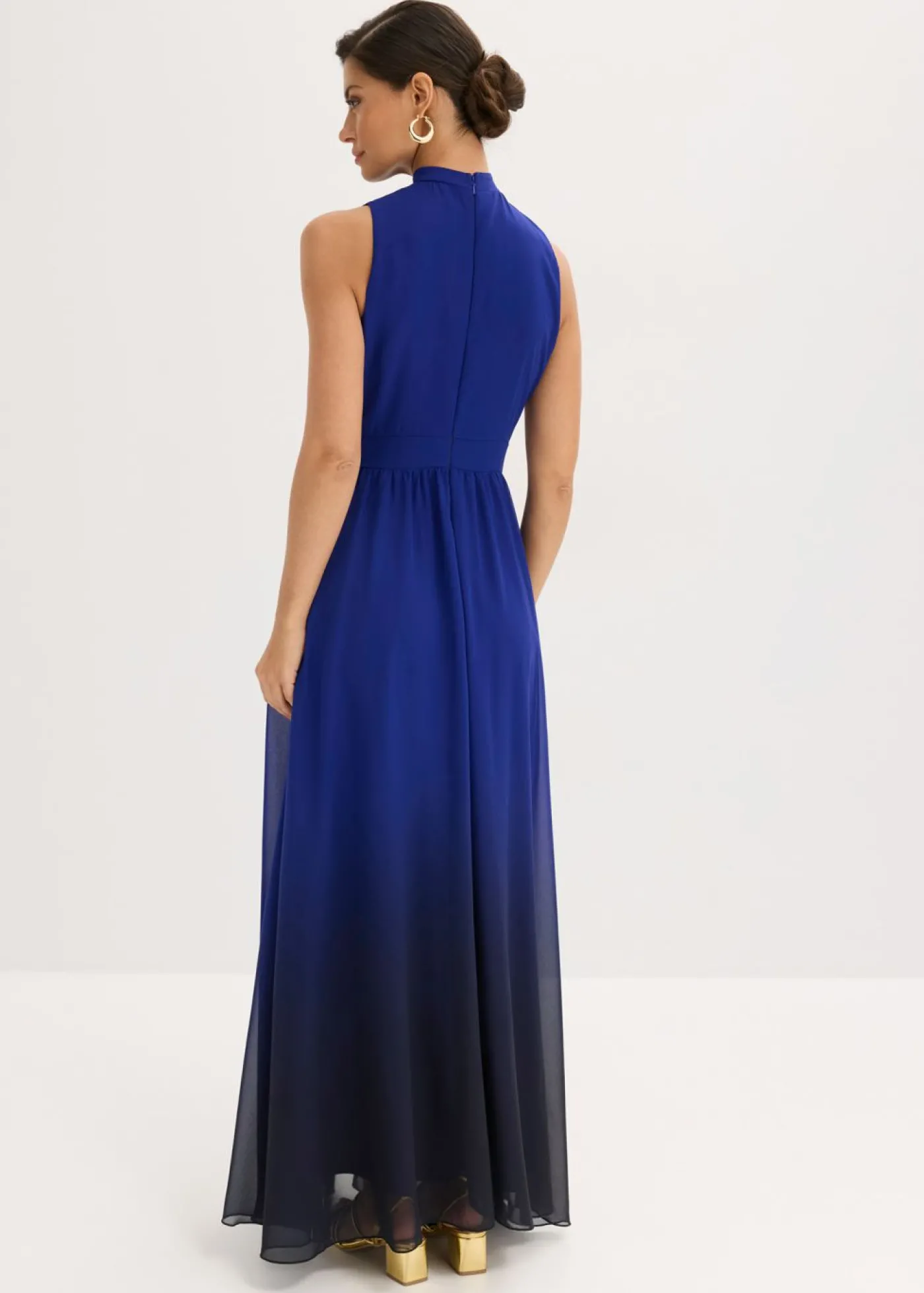 bonprix bonprix Vestido de gasa con cuello e inserción en la cintura Azul-negro estampado New