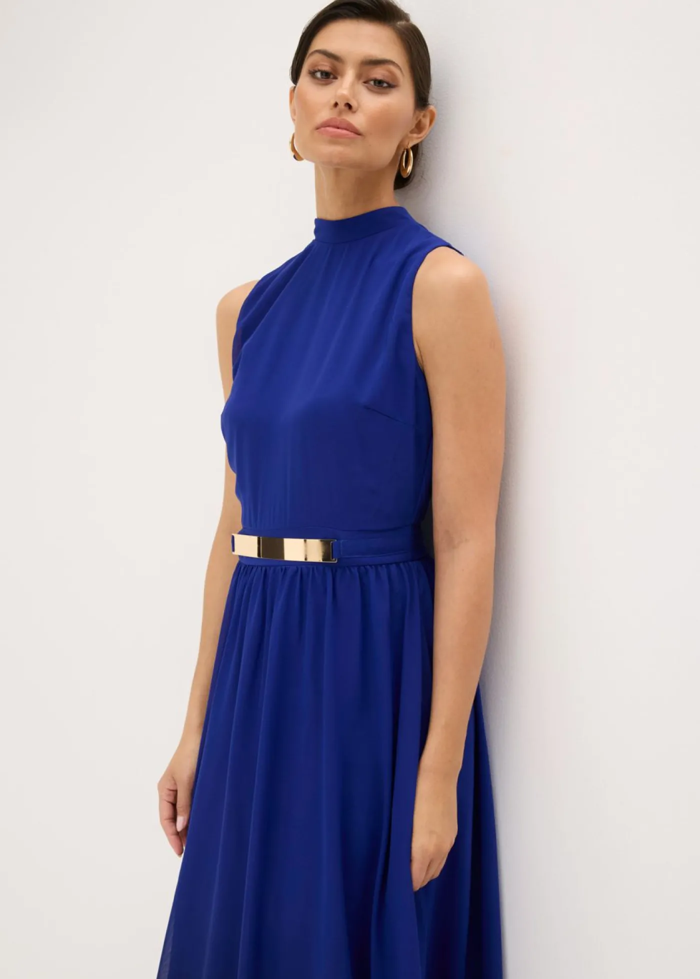 bonprix bonprix Vestido de gasa con cuello e inserción en la cintura Azul-negro estampado New