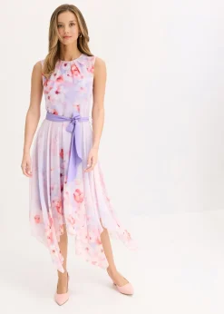 bonprix bonprix Vestido de gasa con dobladillo asimétrico y cordón malva con flores