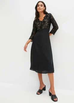 bonprix bonprix Vestido de gasa con encaje Negro Hot