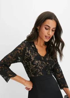 bonprix bonprix Vestido de gasa con encaje Negro Hot