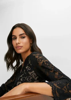bonprix bonprix Vestido de gasa con encaje Negro Hot