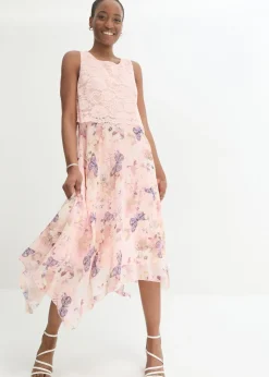 bonprix bonprix Vestido de gasa con encaje fino Azul petróleo de flores Sale