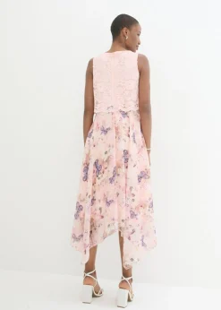 bonprix bonprix Vestido de gasa con encaje fino Azul petróleo de flores Sale