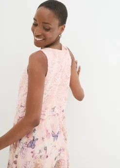 bonprix bonprix Vestido de gasa con encaje fino Azul petróleo de flores Sale