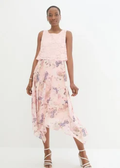 bonprix bonprix Vestido de gasa con encaje fino Rosa claro-rosa de flores Hot