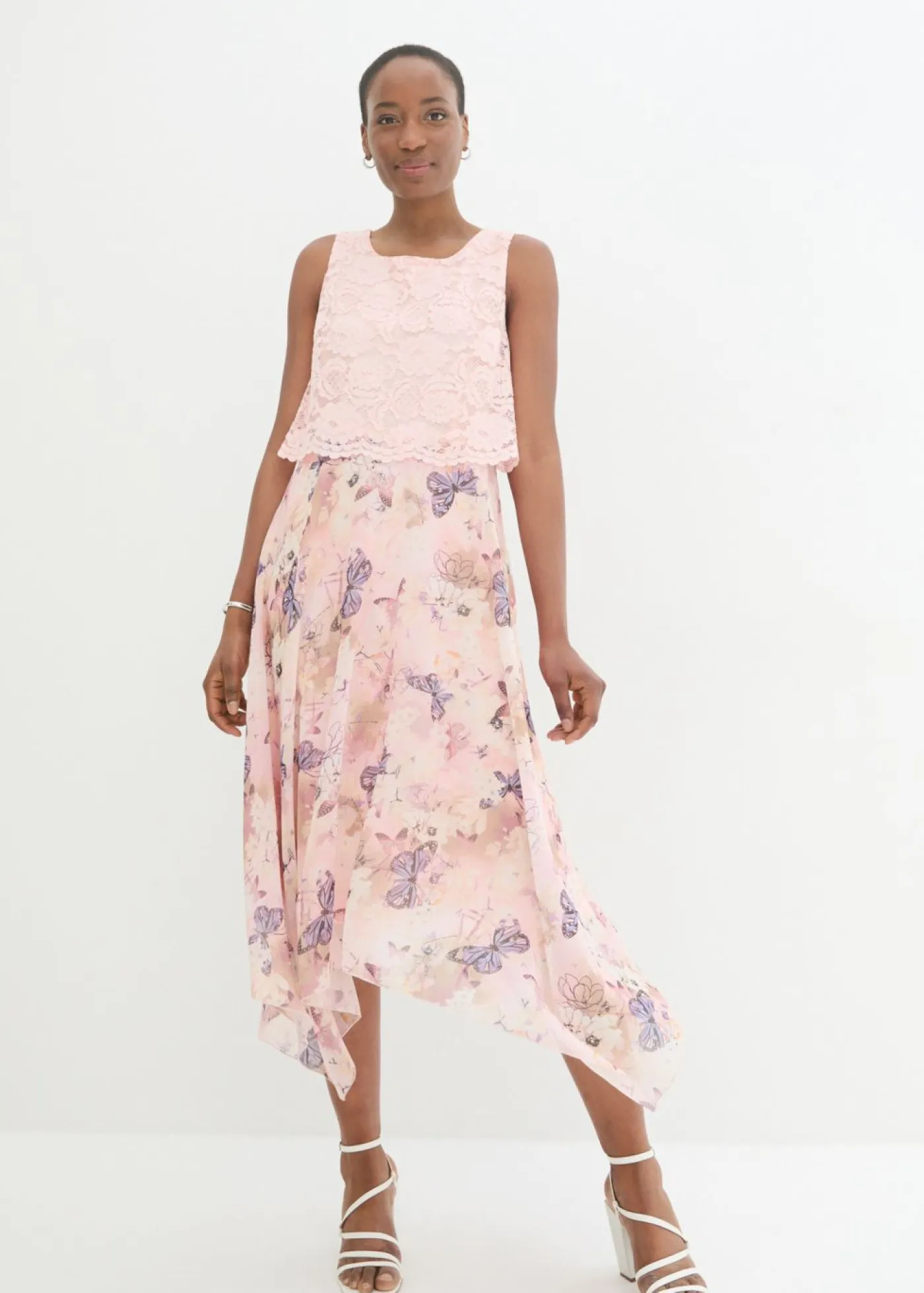 bonprix bonprix Vestido de gasa con encaje fino Rosa claro-rosa de flores Hot