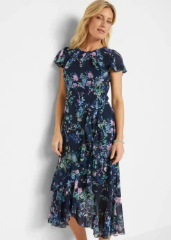bonprix bonprix Vestido de gasa con mangas tipo murciélago azul marino con flores Clearance
