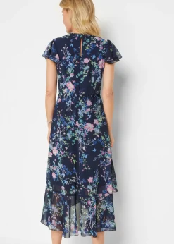 bonprix bonprix Vestido de gasa con mangas tipo murciélago azul marino con flores Clearance