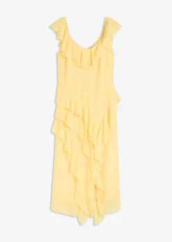 bonprix bonprix Vestido de gasa con tirantes y volantes Amarillo claro New