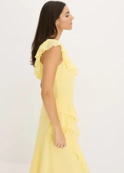bonprix bonprix Vestido de gasa con tirantes y volantes Amarillo claro New