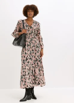 bonprix bonprix Vestido de gasa con volantes Negro-rosa palo New