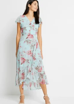 bonprix bonprix Vestido de gasa con volantes azul pálido con flores New