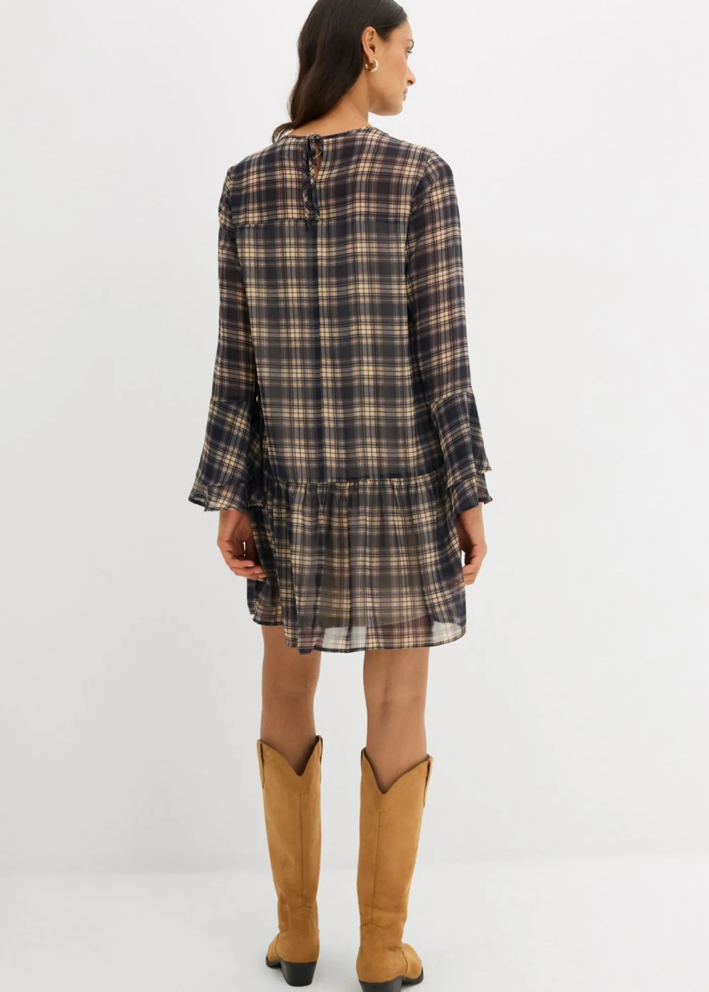 bonprix bonprix Vestido de gasa con volantes negro a cuadros Hot